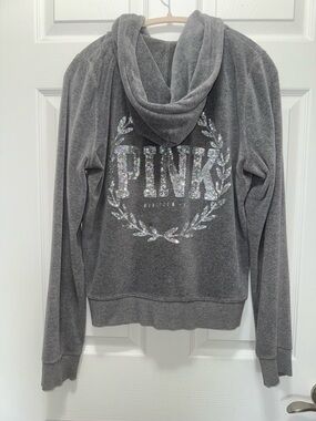 Y2K 2013 Sequin Sparkle Pink Victoria Secret Full Zip Hoodie Gray Size Large